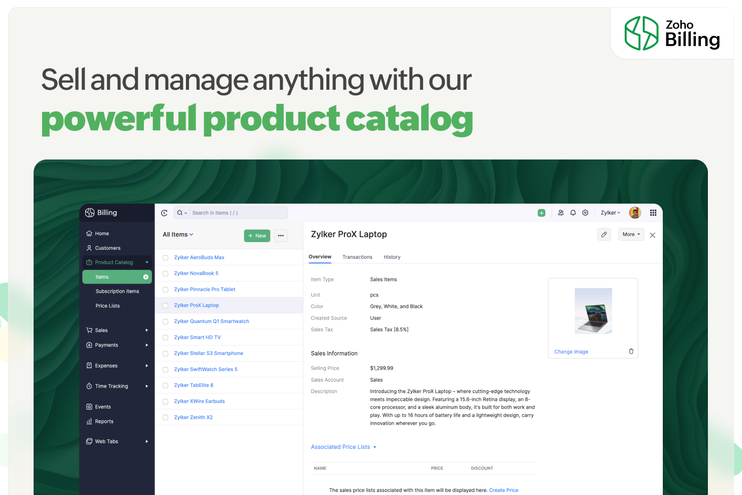 screenshot of Zoho Billing